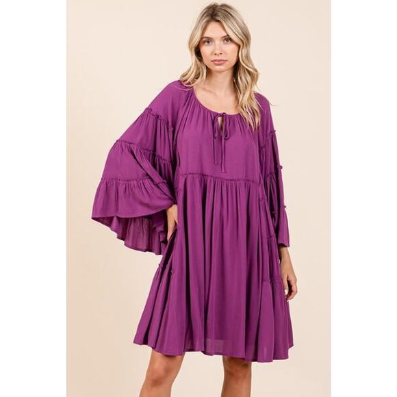Mittoshop Frill Tie Neck Long Bell Sleeves Ruffle Detail Mini Dress | Violet - Picture 3 of 7